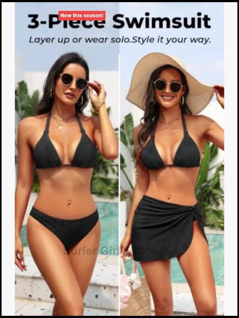 3 Piece Bikini Set Halter Eyelet Swimsuit with Cover Up Skirt